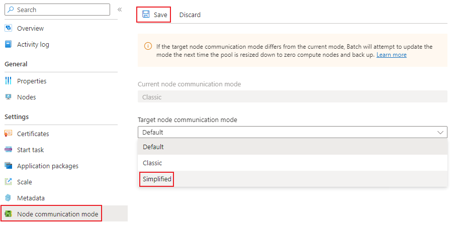 Screenshot that shows updating a pool to simplified mode.