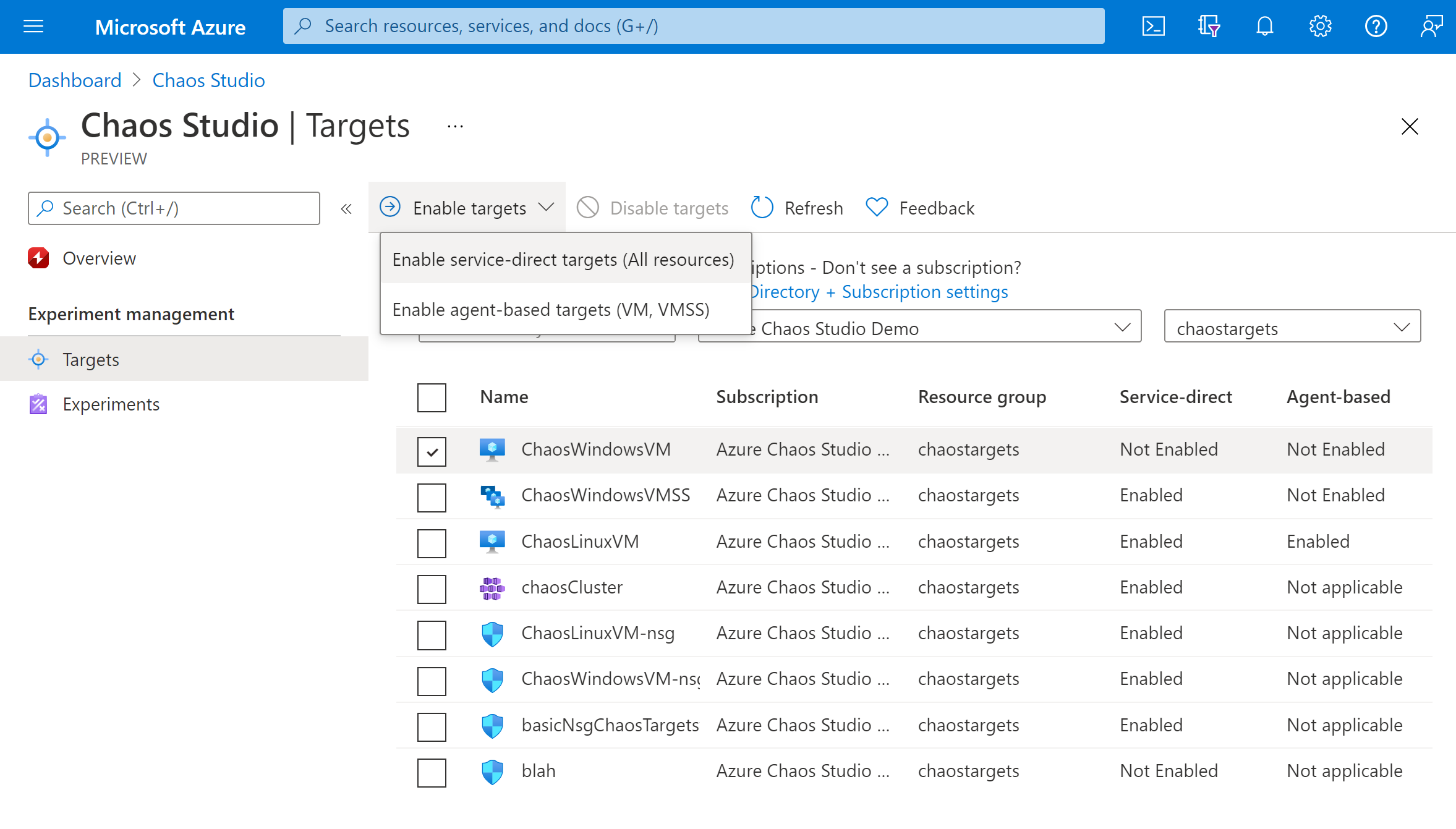 Screenshot that shows the Targets view in the Azure portal.