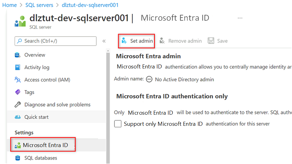 显示 Azure SQL 数据库 Server 中的“Microsoft Entra”窗格的屏幕截图。