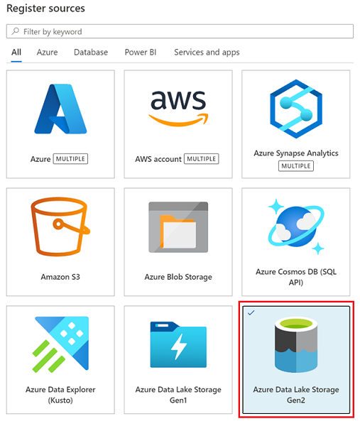 显示 Azure Data Lake Storage Gen2 注册源的屏幕截图。