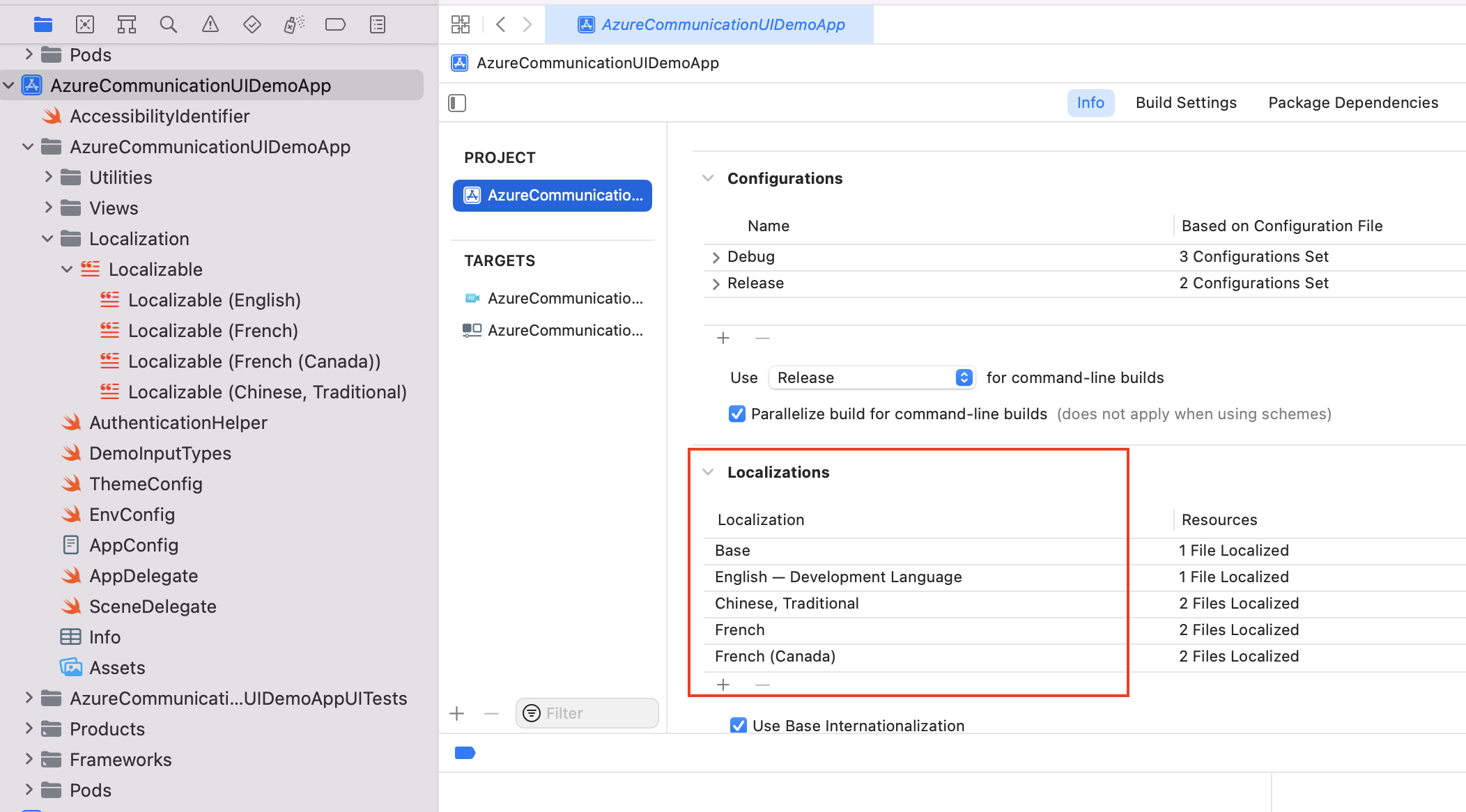 显示 iOS Xcode 项目本地化的屏幕截图。