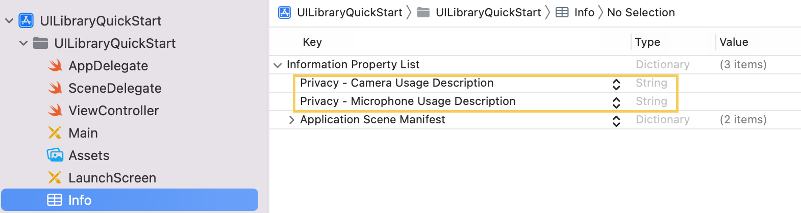 显示 Xcode 中摄像头和麦克风设备隐私的屏幕截图。