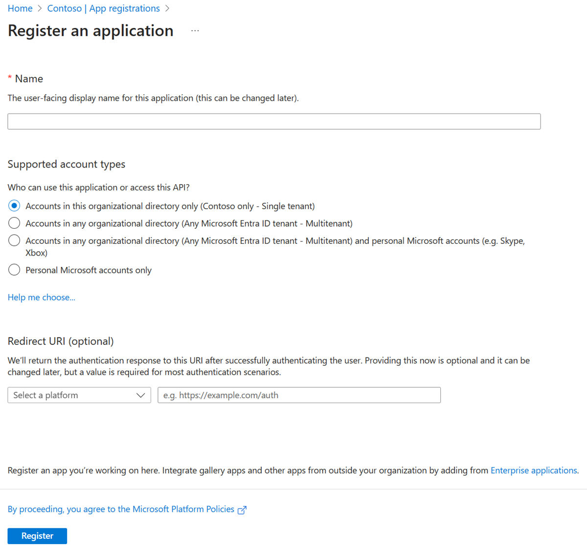 Web 浏览器中 Azure 门户的屏幕截图，其中显示了“注册应用程序”窗格。