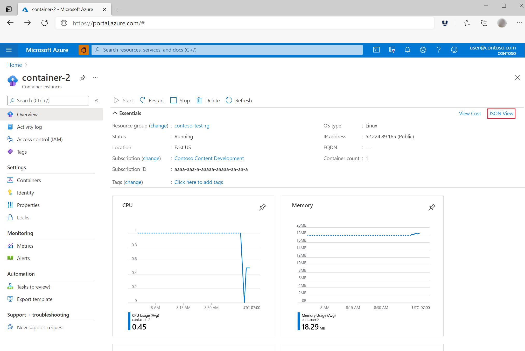 显示了 Azure 门户中的“概述”边栏选项卡。链接“JSON 视图”已突出显示。