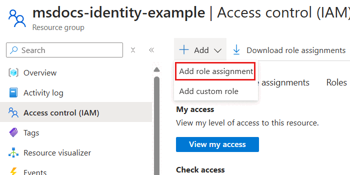 Screenshot of the 'Add role assignment' option in the 'Access Control (IAM)' menu for the 'Add' option.