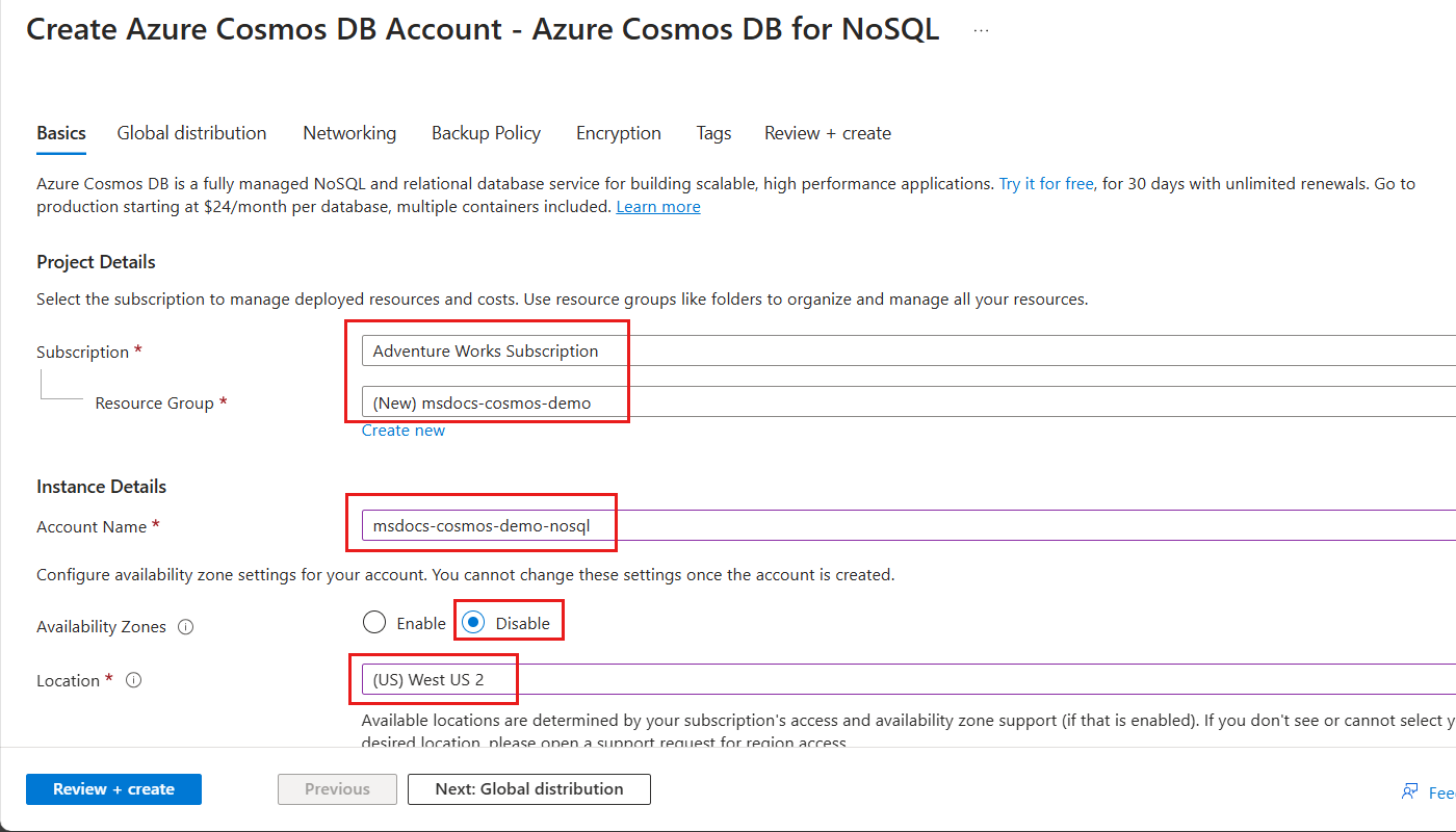 Azure Cosmos DB for NoSQL 资源创建“基本信息”窗格的屏幕截图。