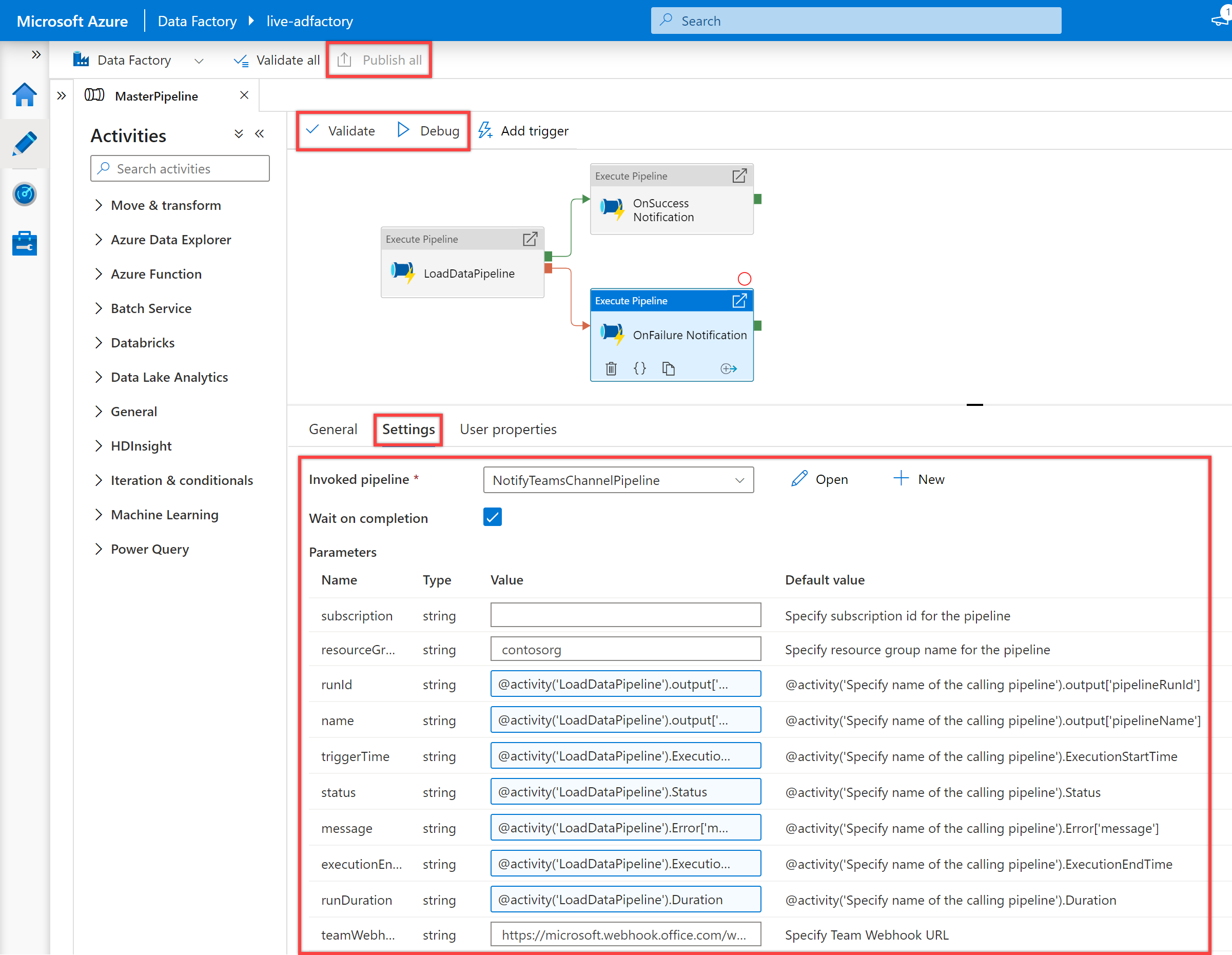 Shows the third "Execute pipeline" activity "OnFailure Notification" settings pane for "NotifiyTeamsChannelPipeline" pipeline.