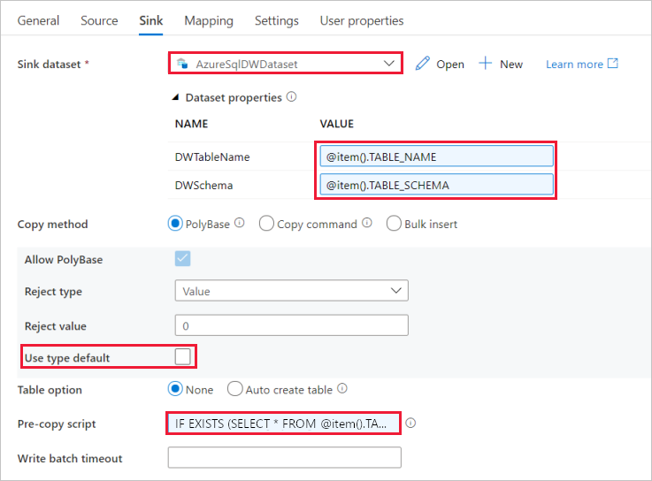 Copy sink settings