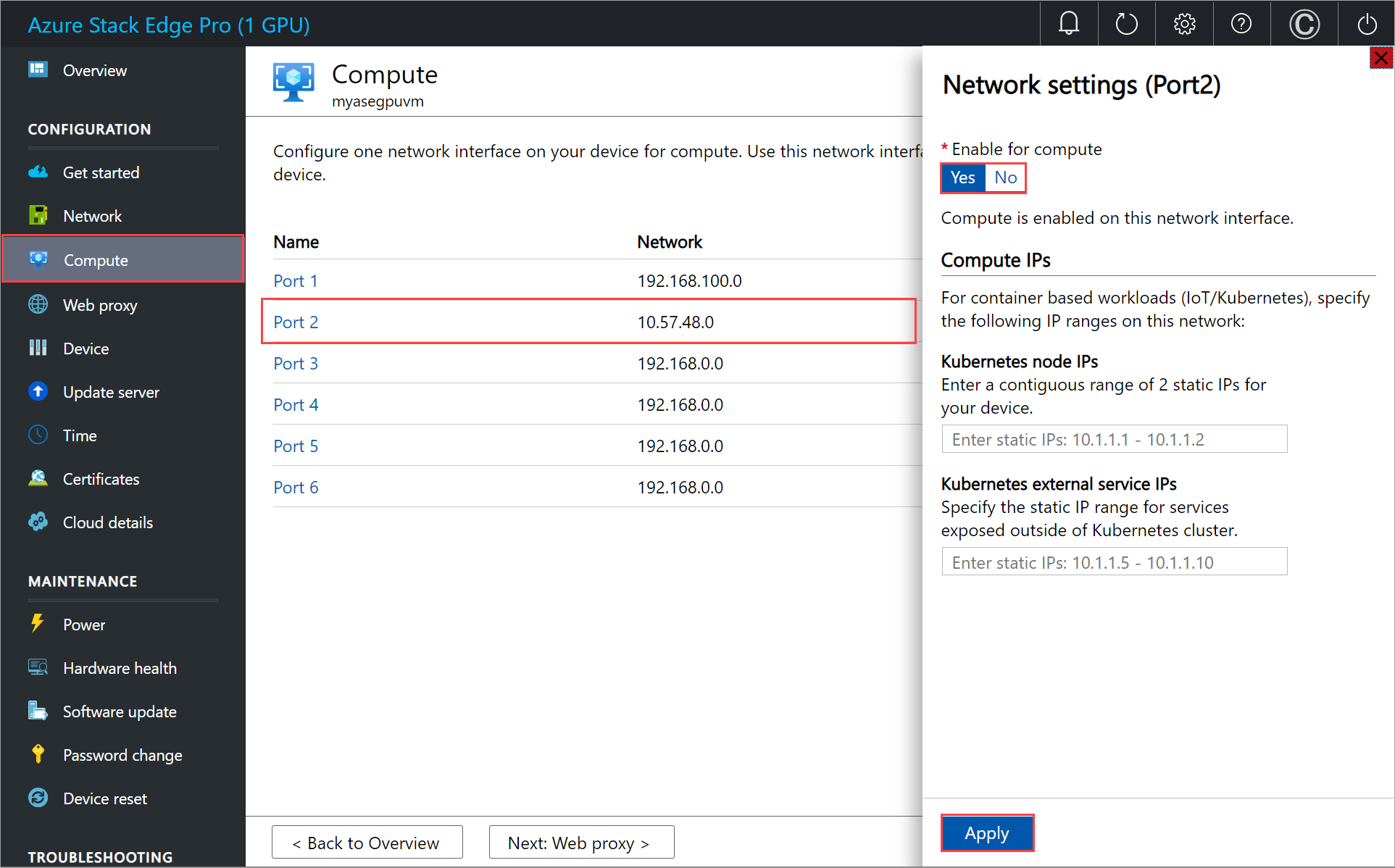 Azure Stack Edge 设备的“计算”窗格的屏幕截图。其中突出显示了端口 2 的“计算”设置。