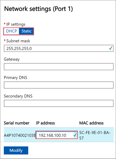 屏幕截图显示了 Azure Stack Edge 设备的本地 Web UI 中的端口 1 网络设置。