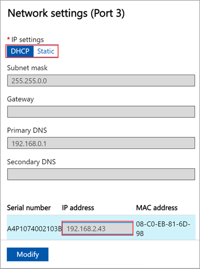 屏幕截图显示了 Azure Stack Edge 设备的本地 Web UI 中的端口 3 网络设置。