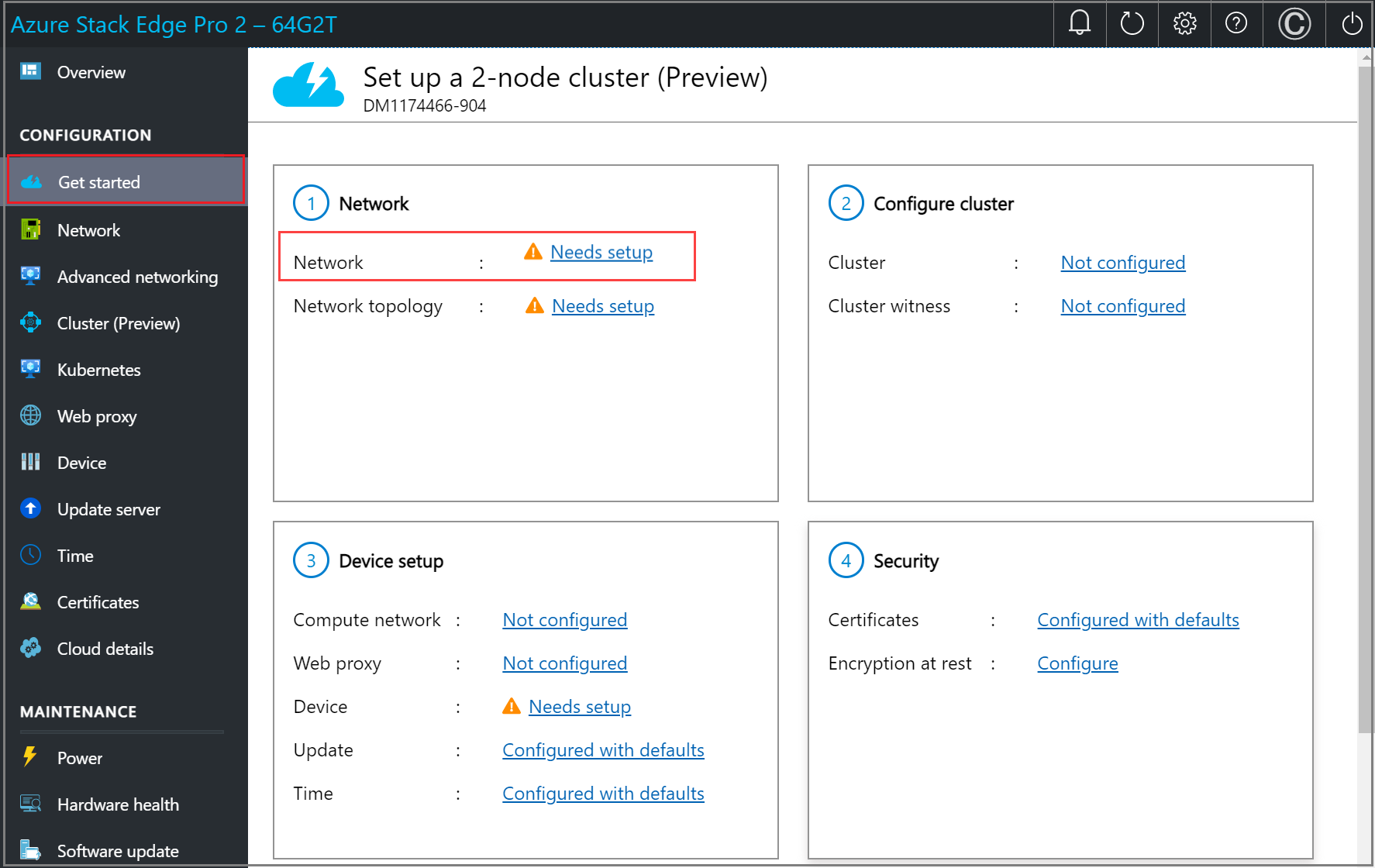 屏幕截图显示了 Azure Stack Edge 设备的本地 Web UI 中的“入门”页面。“网络”磁贴上突出显示了“需求”设置。