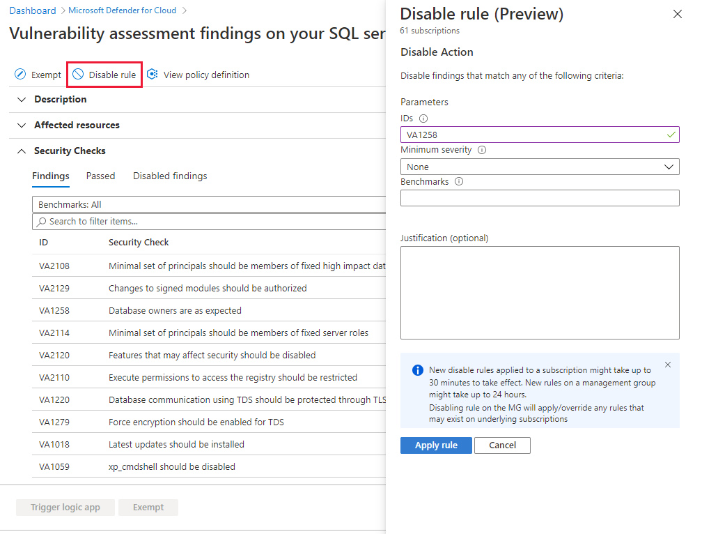 针对在计算机中的 SQL Server 上检测到的漏洞评估结果创建禁用规则的屏幕截图。