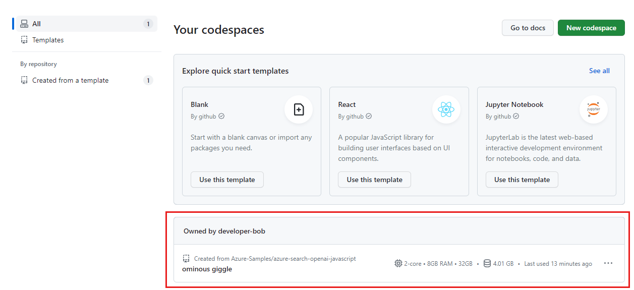 所有正在运行的 Codespaces 的屏幕截图，其中包含它们的状态和模板。