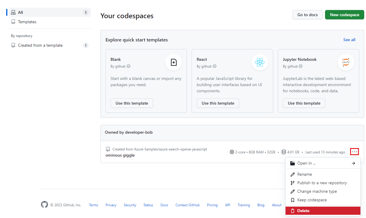 单个 codespace 的上下文菜单的屏幕截图，突出显示了删除选项。