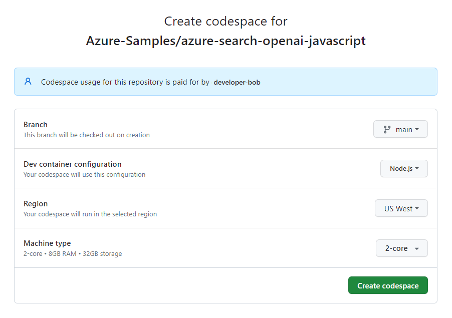 新建 codespace 之前的确认屏幕的截图。