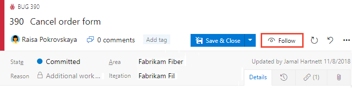 Screenshot showing Work item form, Follow icon control.