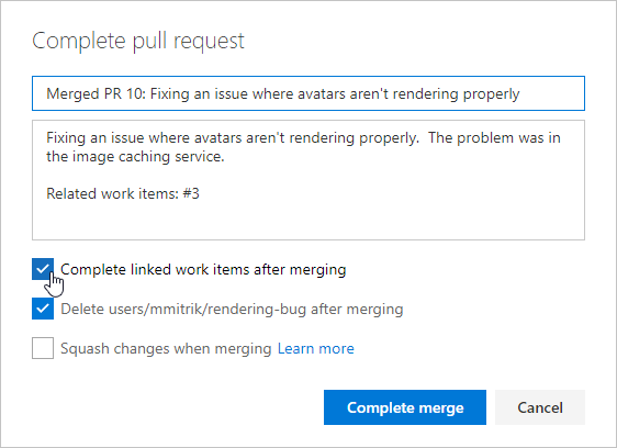 “完成拉取请求”对话框，使用 PR 完成选项自动完成工作项
