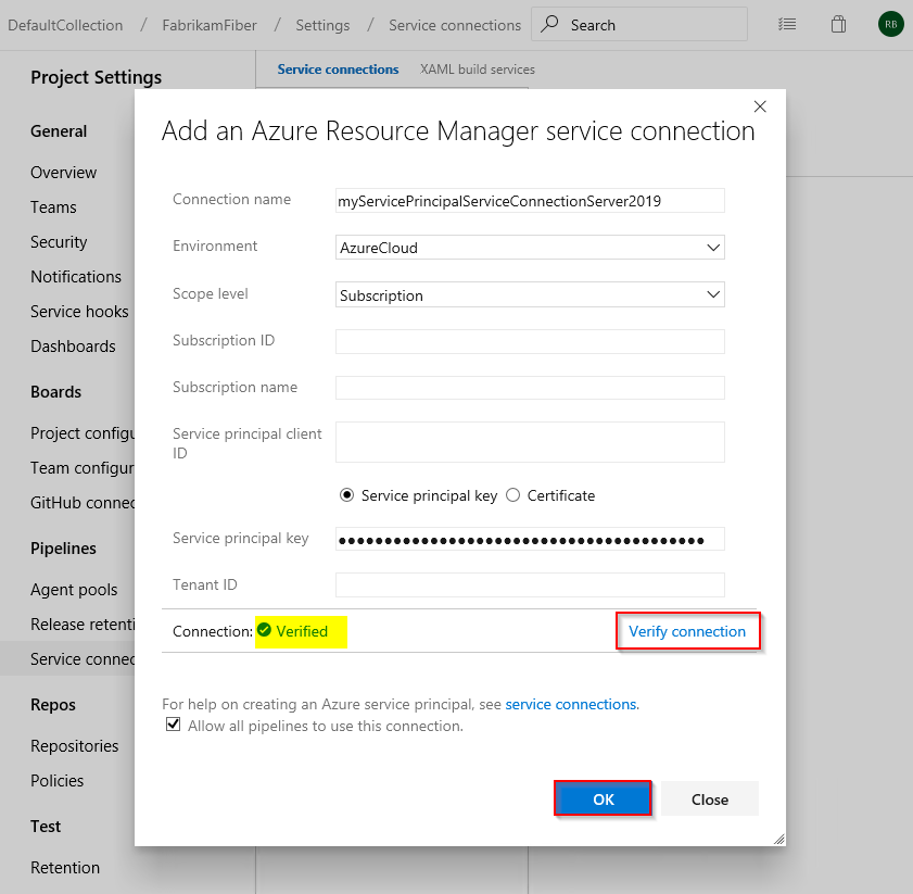 显示如何在 Azure DevOps Server 2019 中使用服务主体创建新的 ARM 服务连接的屏幕截图。