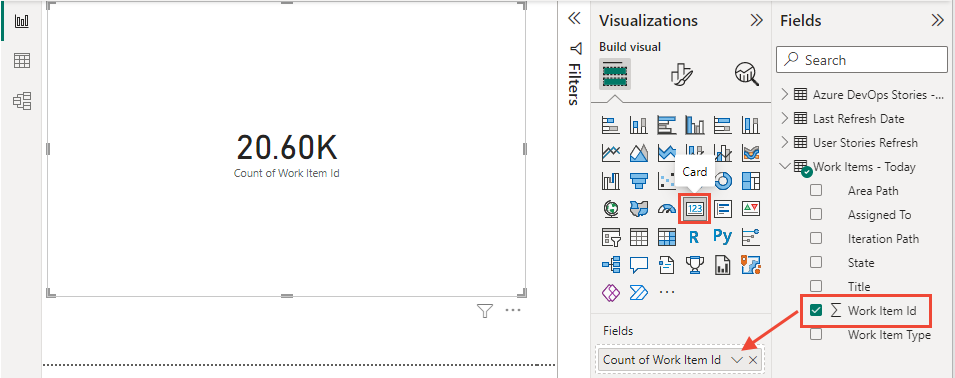 Power BI 可视化效果的屏幕截图，选择“卡片”并将工作项 ID 添加到“字段”。