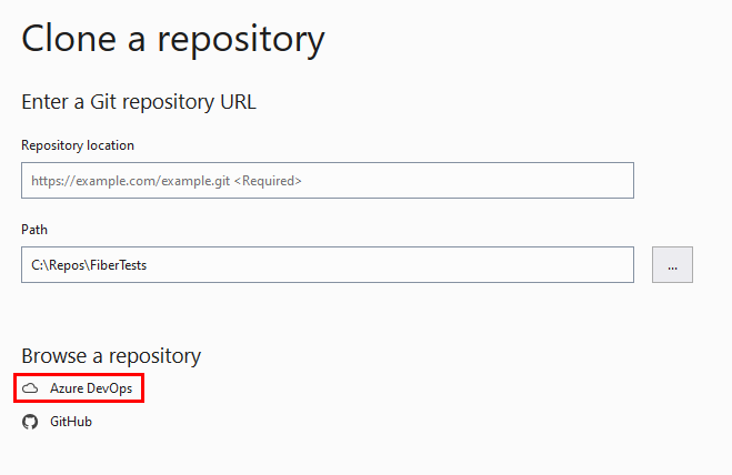 Visual Studio 中“克隆存储库”窗口的屏幕截图。