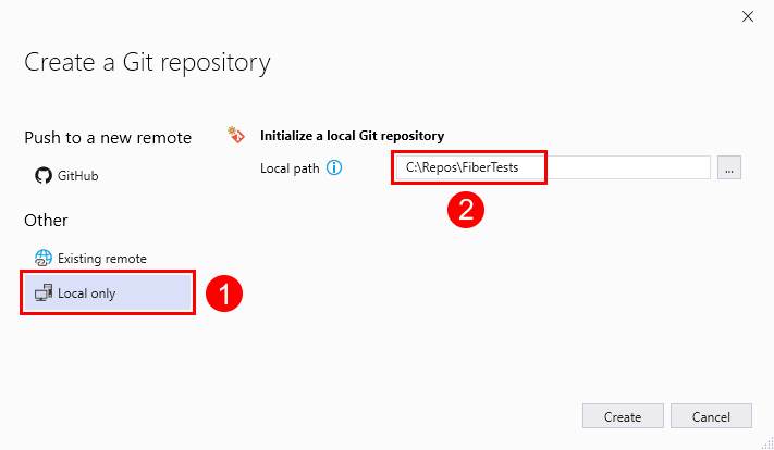 Visual Studio 2019 中“创建 Git 存储库”窗口的屏幕截图，选中了“仅限本地”选项。