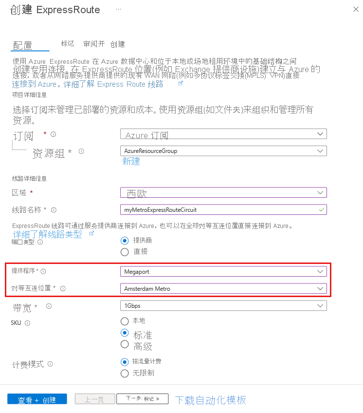 创建 ExpressRoute Metro 线路的屏幕截图。