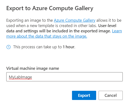 “导出到 Azure Compute Gallery”对话框