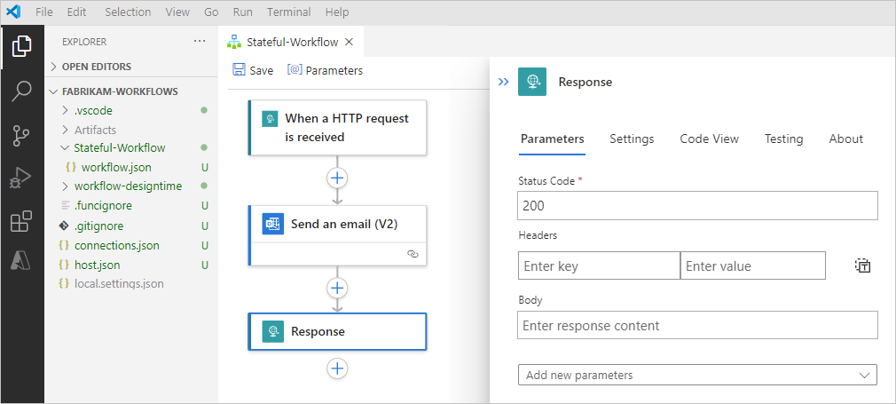 屏幕截图显示了 Visual Studio Code、逻辑应用项目和工作流。