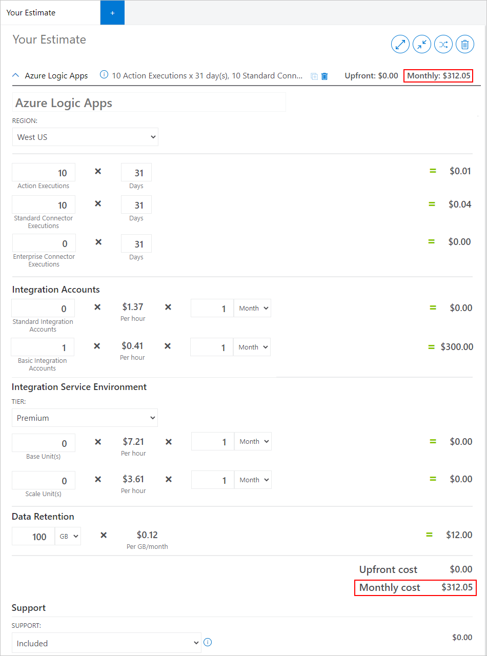 显示 Azure 定价计算器中的预估成本的示例