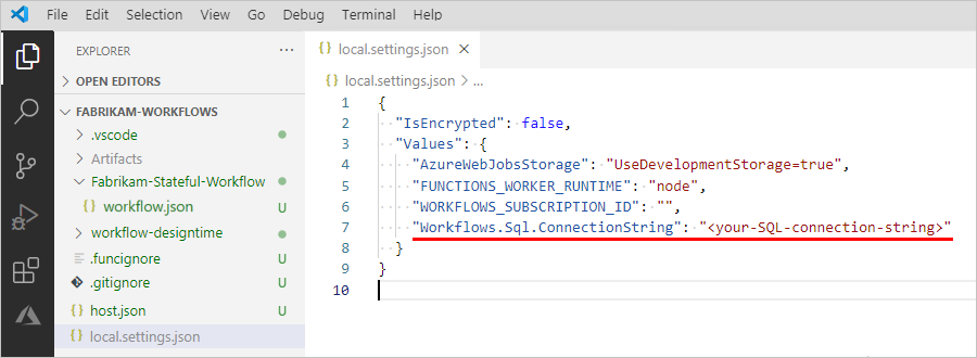 屏幕截图显示了 Visual Studio Code、逻辑应用项目，以及打开的“local.settings.json”文件与 SQL 连接字符串设置。