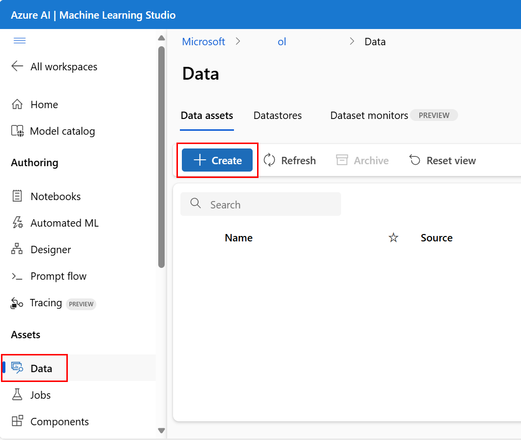 屏幕截图突出显示了“数据资产”选项卡中的“创建”。