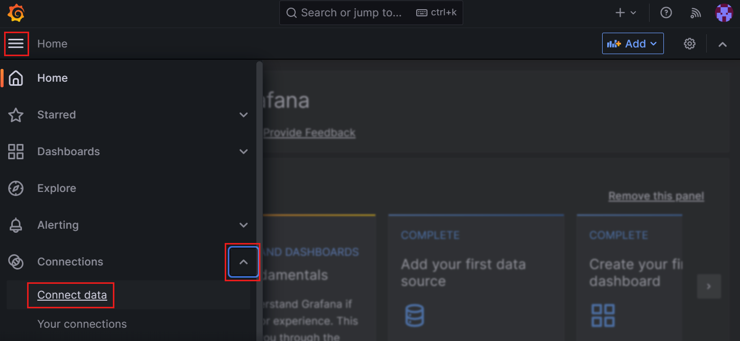 Grafana 仪表板的屏幕截图。访问数据源。