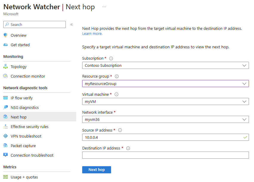 Screenshot of Azure Network Watcher next hop view in Azure portal.