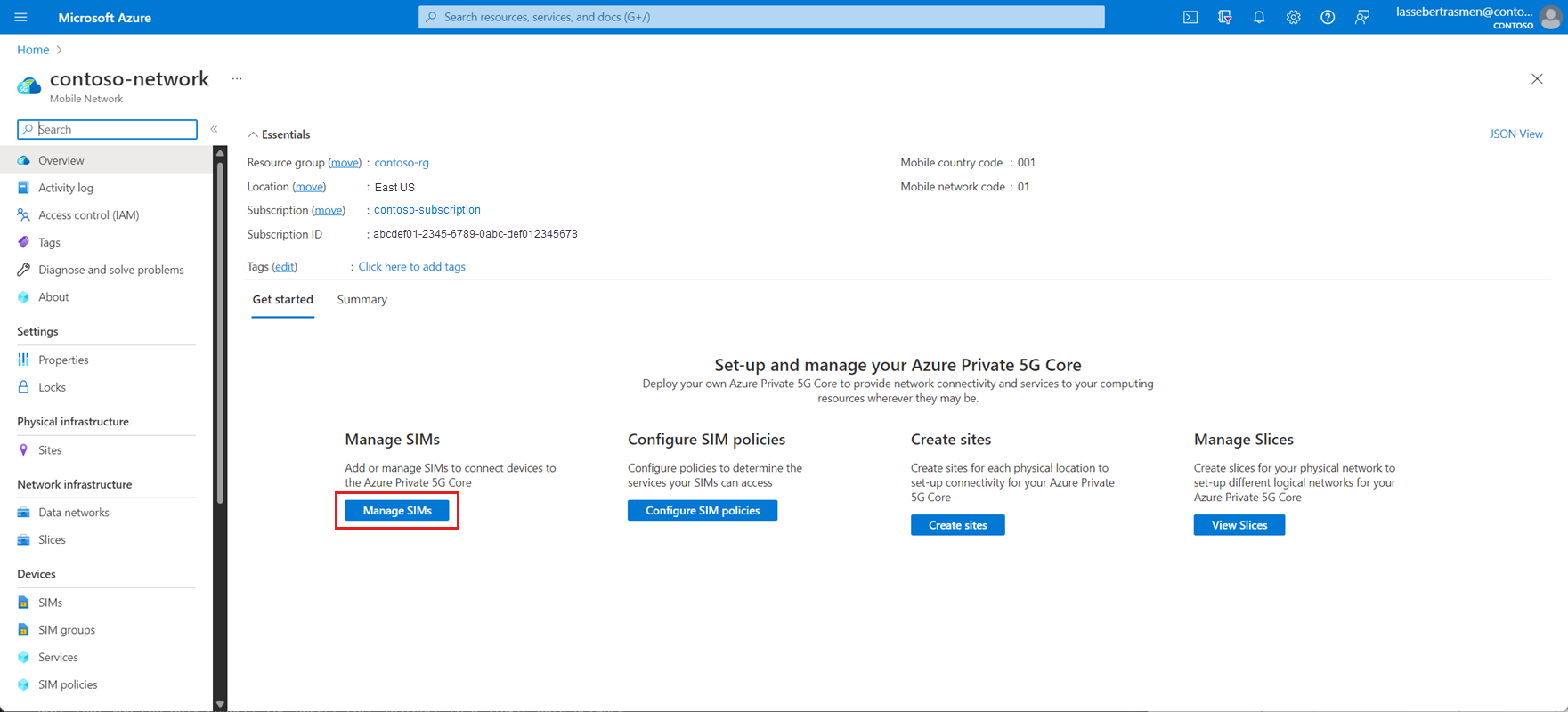 Azure 门户的屏幕截图，其中显示了移动网络资源上的“查看 SIM”按钮。