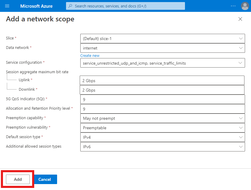 Azure 门户的屏幕截图，其中显示了“添加网络范围”屏幕，并突出显示了“添加”选项。