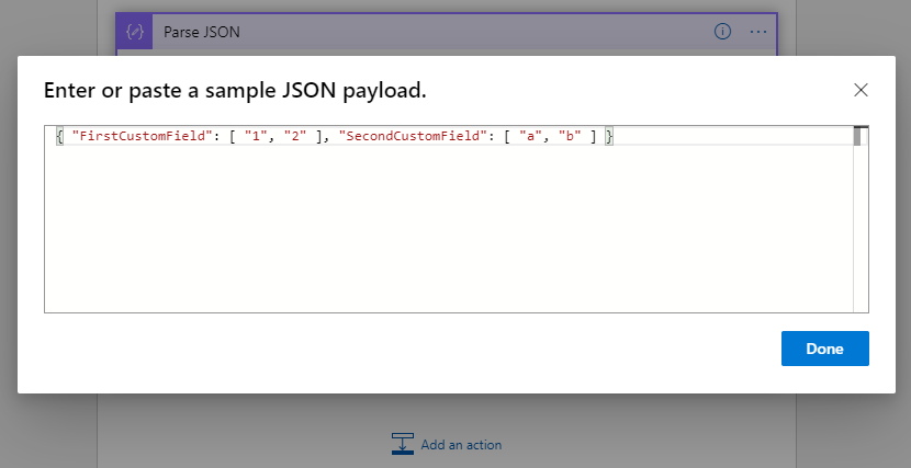 输入示例 JSON 有效负载的屏幕截图。