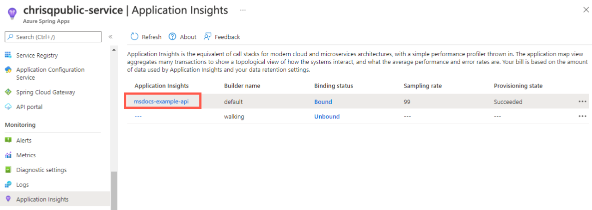 Azure 门户的屏幕截图，其中显示了 Azure Spring Apps 实例，以及 Application Insights 页。