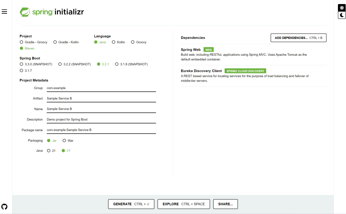 显示所需设置的 Spring Initializr 页的屏幕截图。