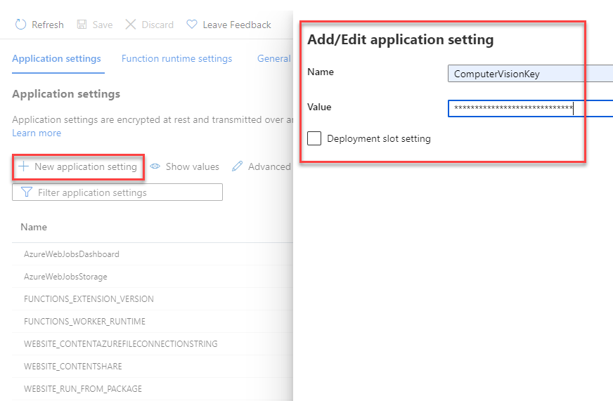 显示如何将新应用程序设置添加到 Azure 函数的屏幕截图。