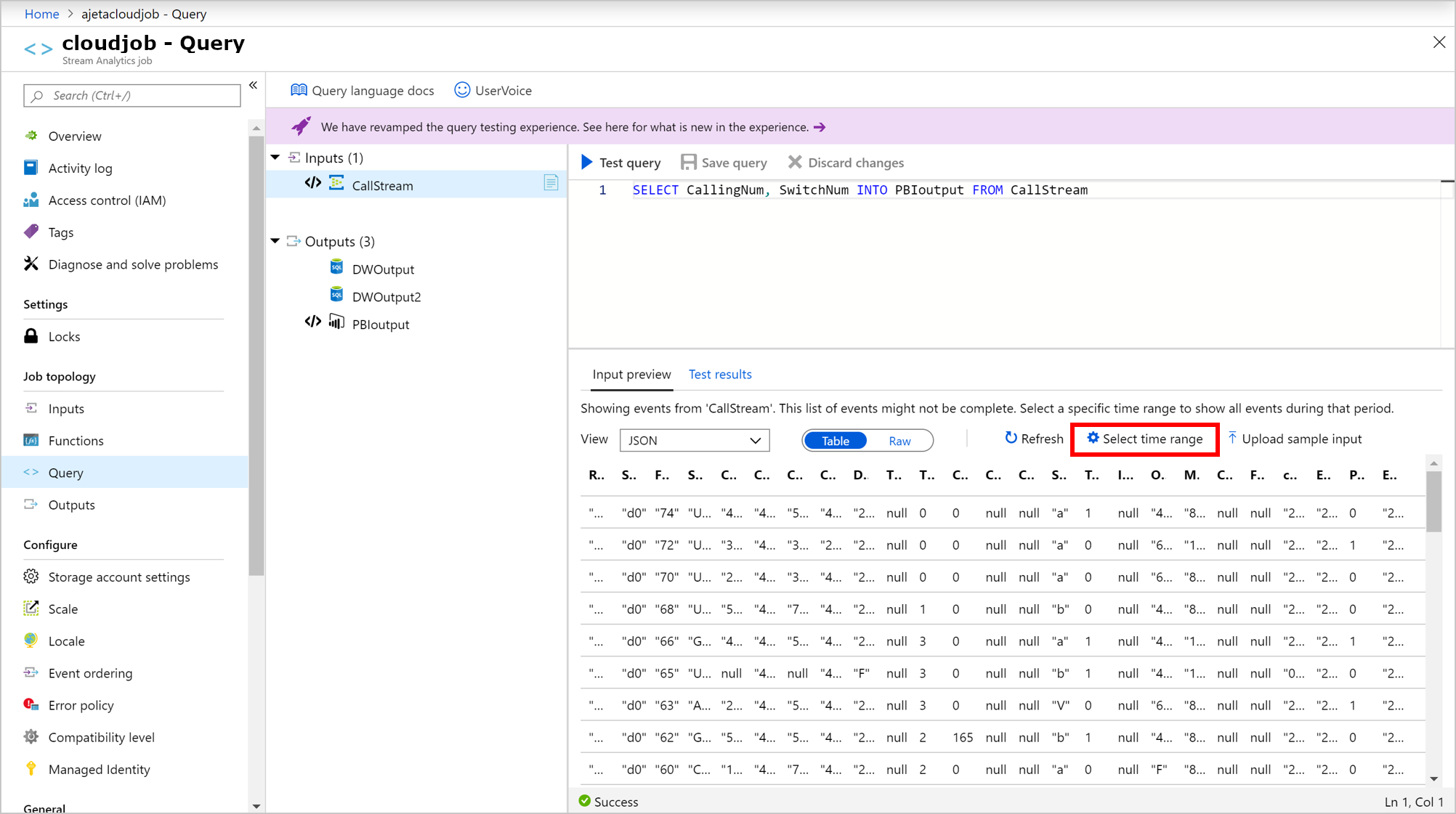 传入示例事件的 Azure 流分析时间范围