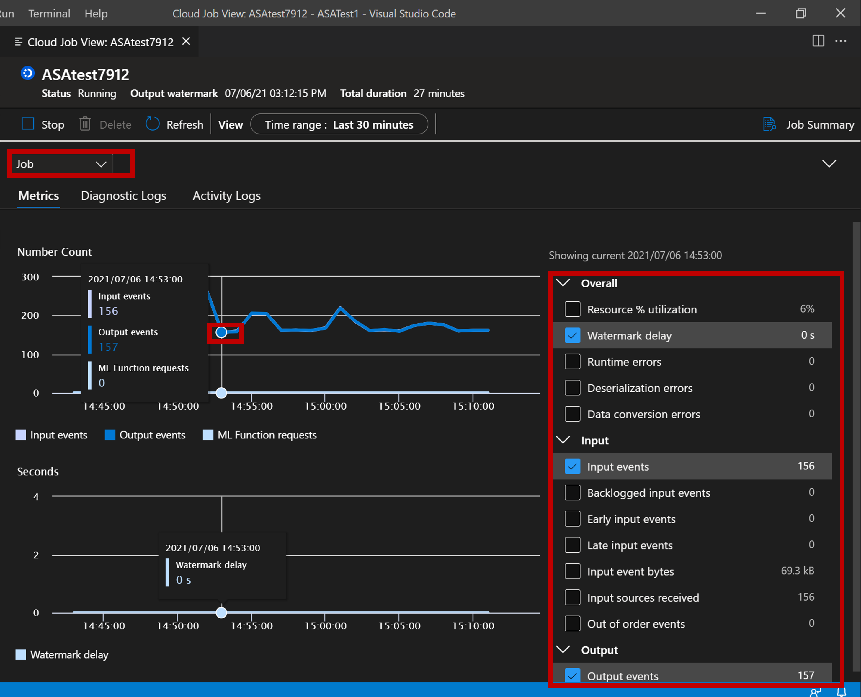 VSCode 扩展查看作业指标的屏幕截图。