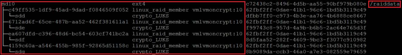 Screenshot shows a console window with a file system mounted as raiddata.