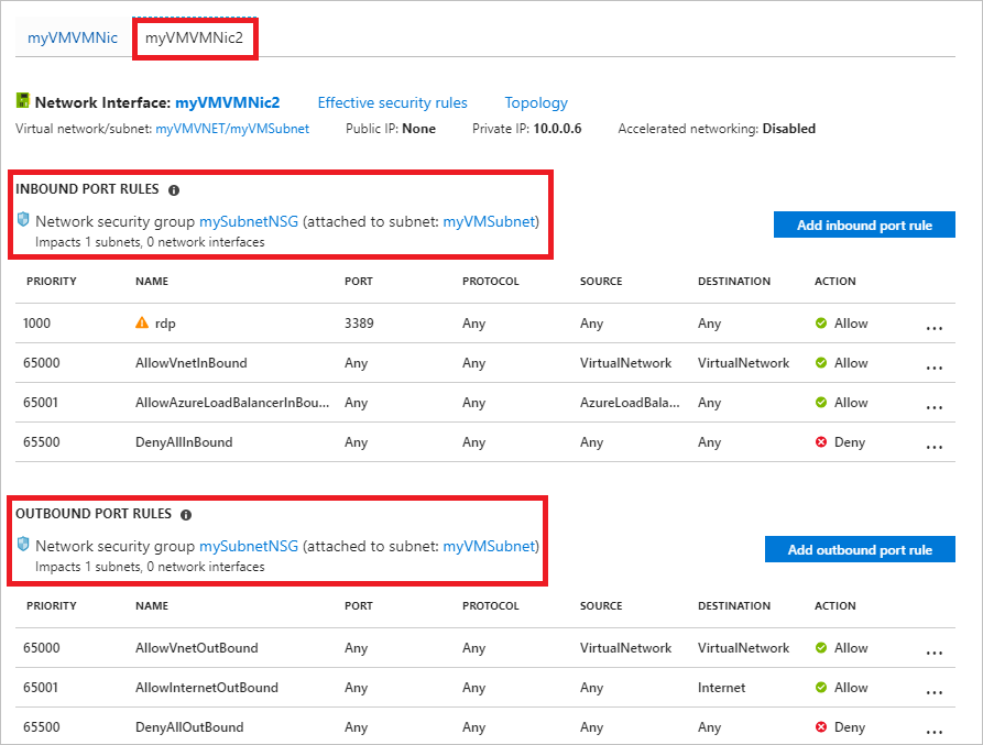 屏幕截图显示了具有 V M V M Nic 2 网络设置的 Azure 门户。