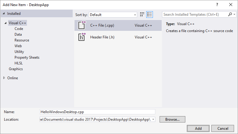 Visual Studio 2015 中“添加新项”对话框的屏幕截图，其中选中了“已安装”>“Visual C++”并突出显示了“C++ 文件”选项。