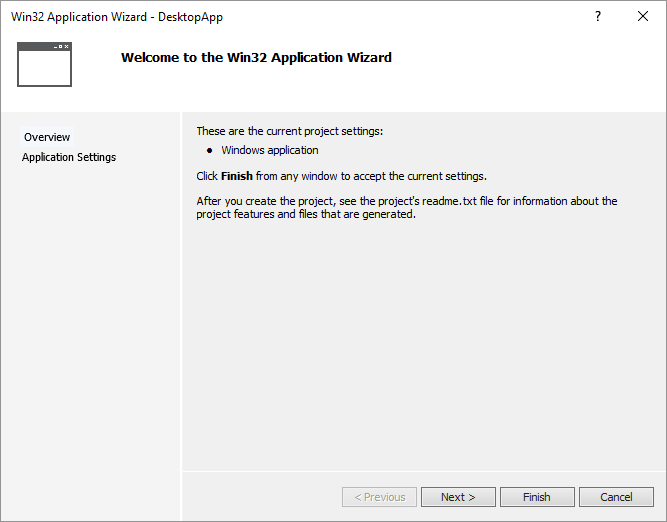 在 Win32 应用程序向导概览页中创建 DesktopApp。