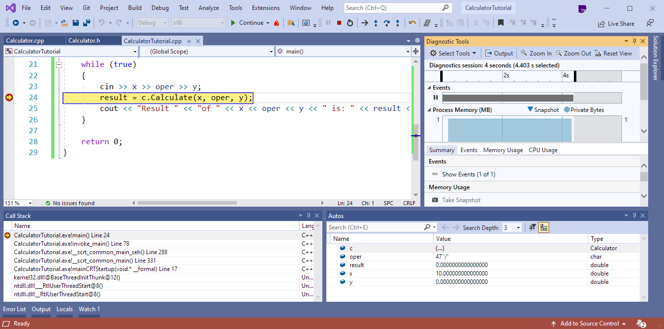 Visual Studio 编辑器的屏幕截图。系统会在行 result = c.Calculate(x, oper, y); 的条件断点处停止程序执行。