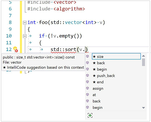 C++ IntelliCode 下拉列表的屏幕截图，其中显示了矢量类成员按代码中最常用的顺序排序。