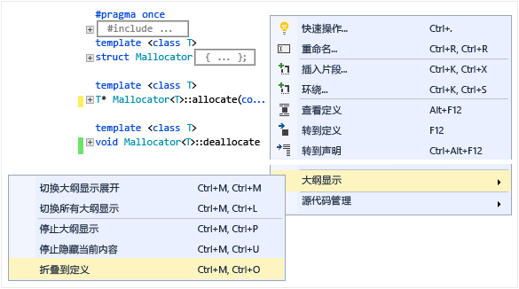 Screenshot of the outlining window shows the body of classes collapsed. Options for Collapse to Definitions, Toggle All Outlining, etc. are visible.