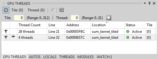 GPU Threads window with 4 active threads.